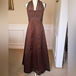 NWT David’s Bridal Chocolate Brown long maxi dress w sheer material on front